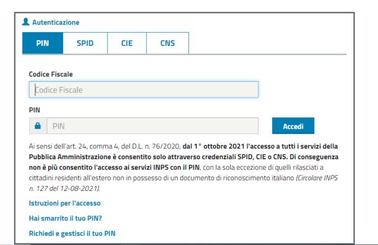Schermata di accesso al sito dell'INPS