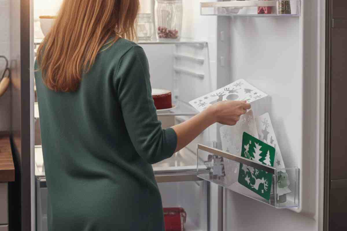 donna mette in frigo gli stencil per decorare la torta