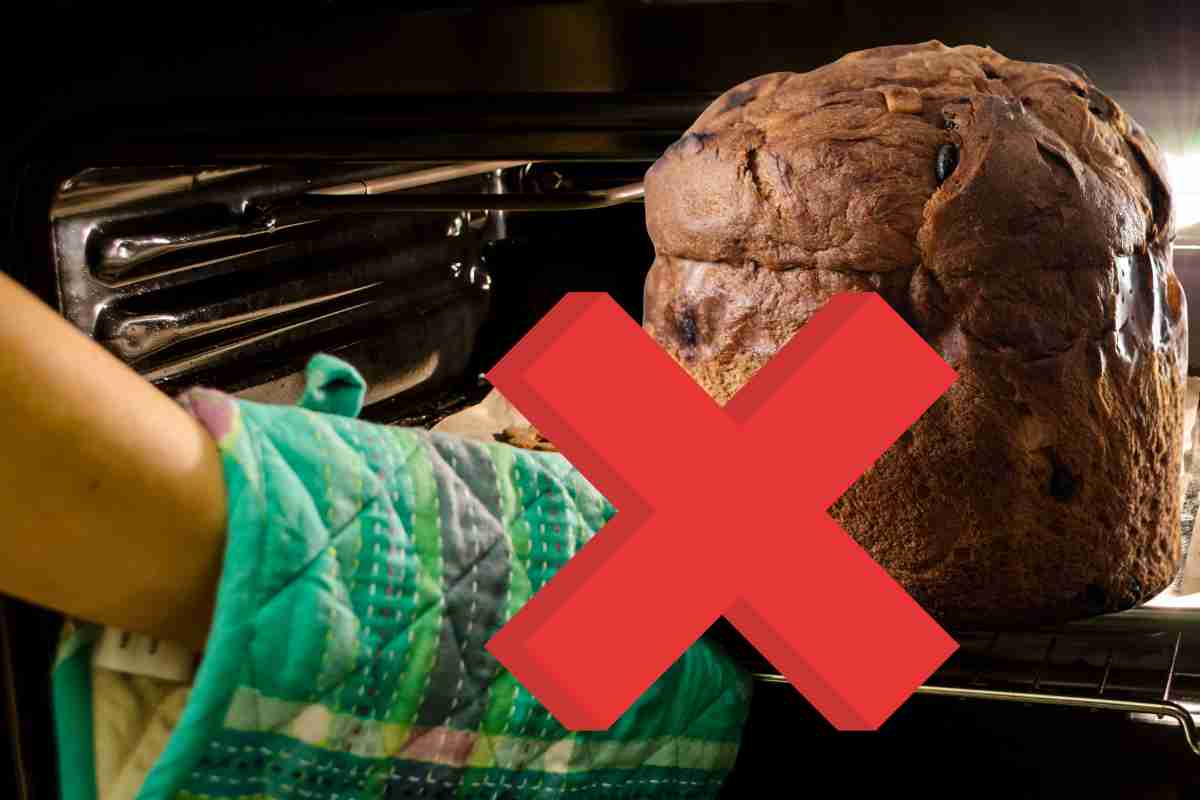 Panettone con forno sullo sfondo, una croce rossa ed una mano con guanto da forno